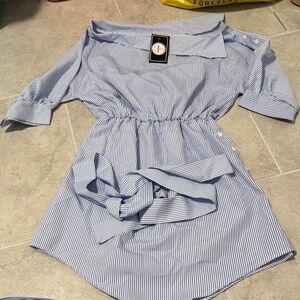 Blue Striped Off-Shoulder Dress